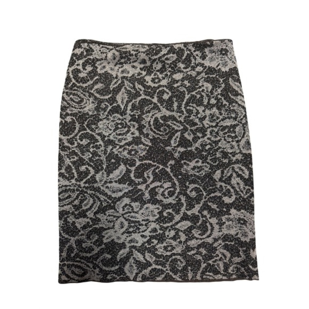 Peruvian Connection Metallic Floral Damask Knit Pencil Skirt Brown Gold Large